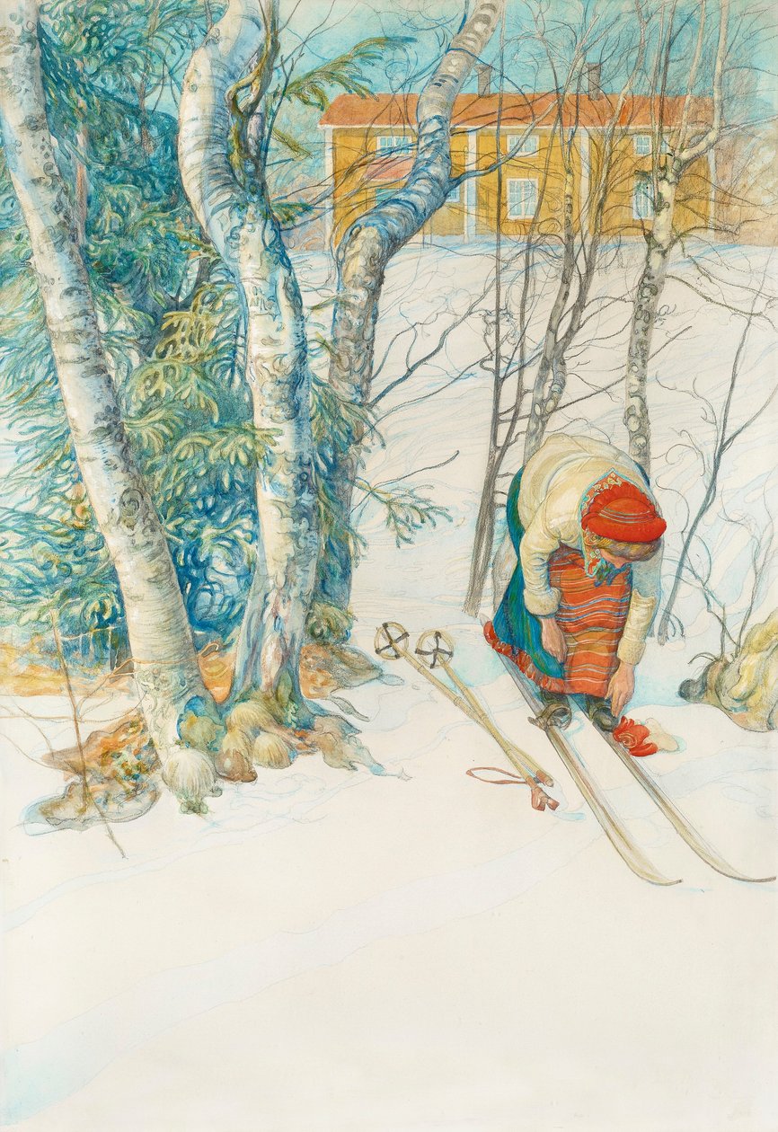 Pige stropper på hendes ski af Carl Larsson