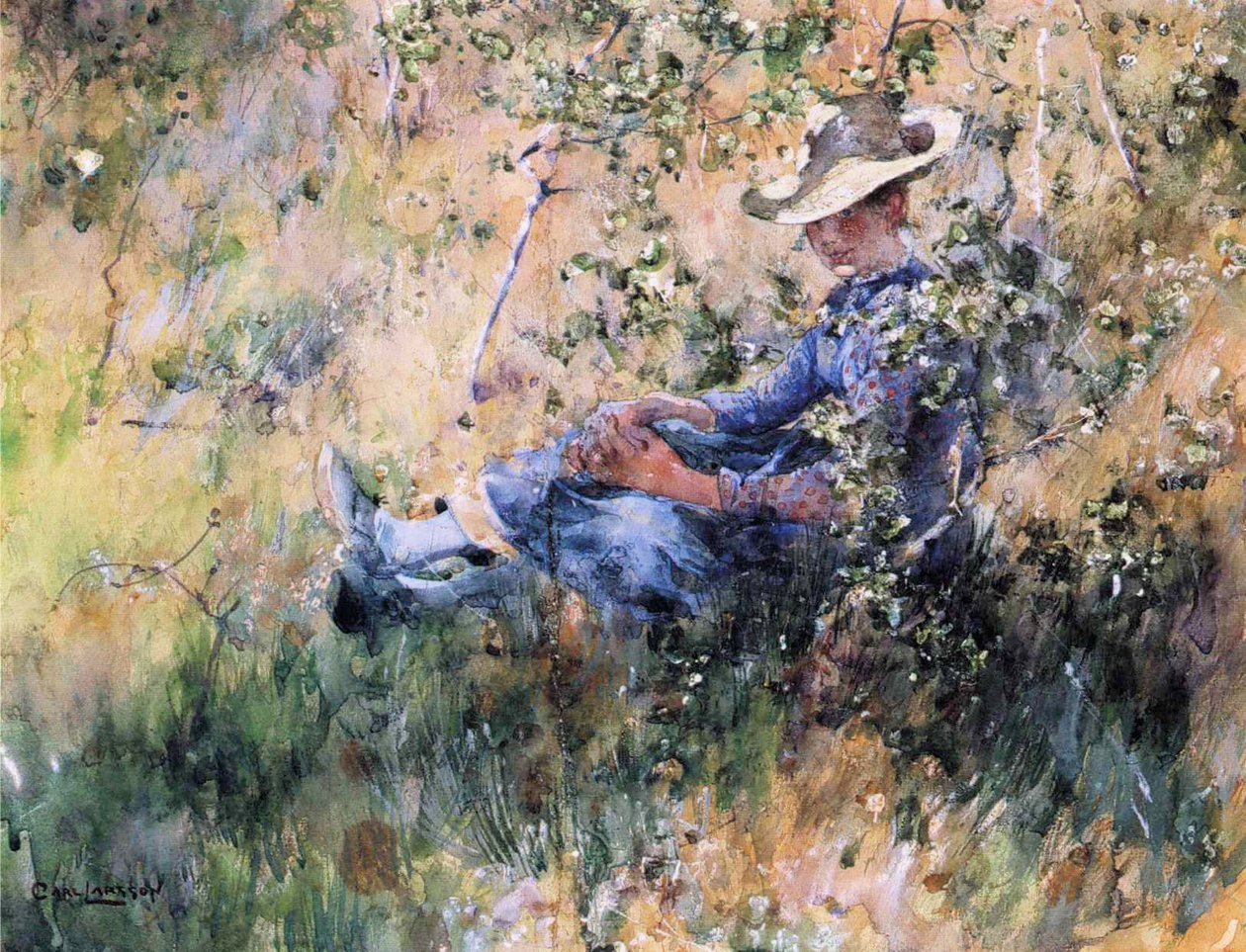 Pige ved en blomstrende hagtornsbuske af Carl Larsson