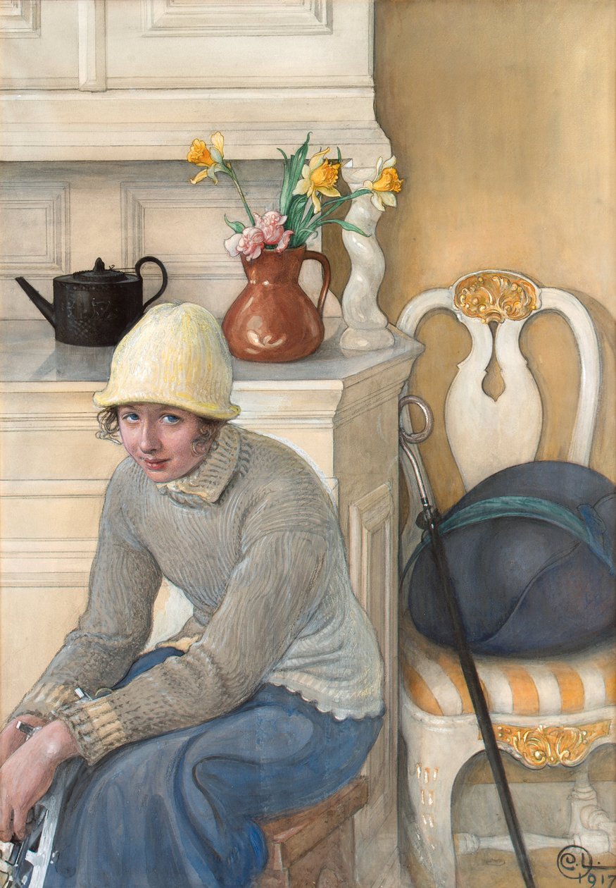 Pige med skøjter, interiør fra skolehusstanden, Falun 1917 af Carl Larsson