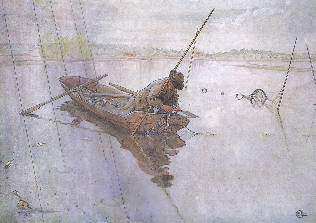 Johan fanger en fin gedde af Carl Larsson