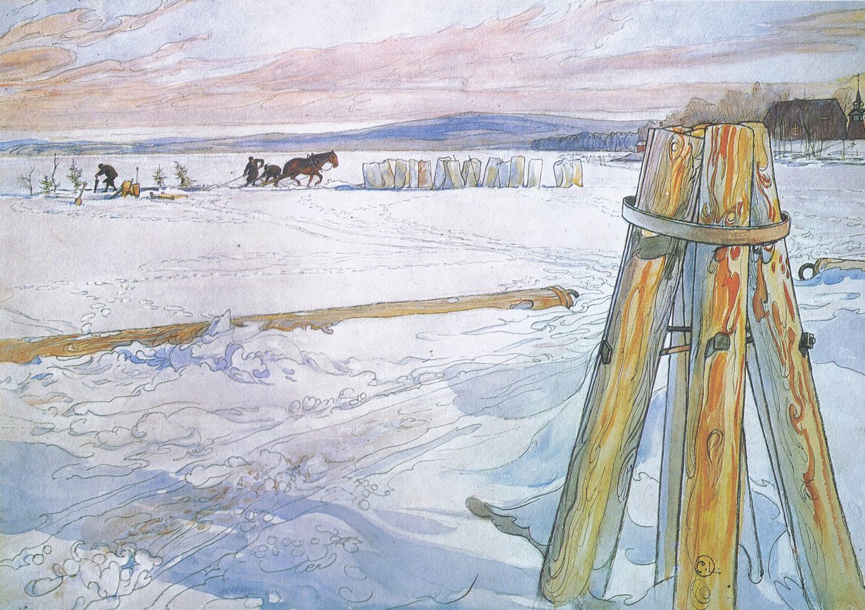 Johan hentede Brunte (hest) for at samle isblokke af Carl Larsson