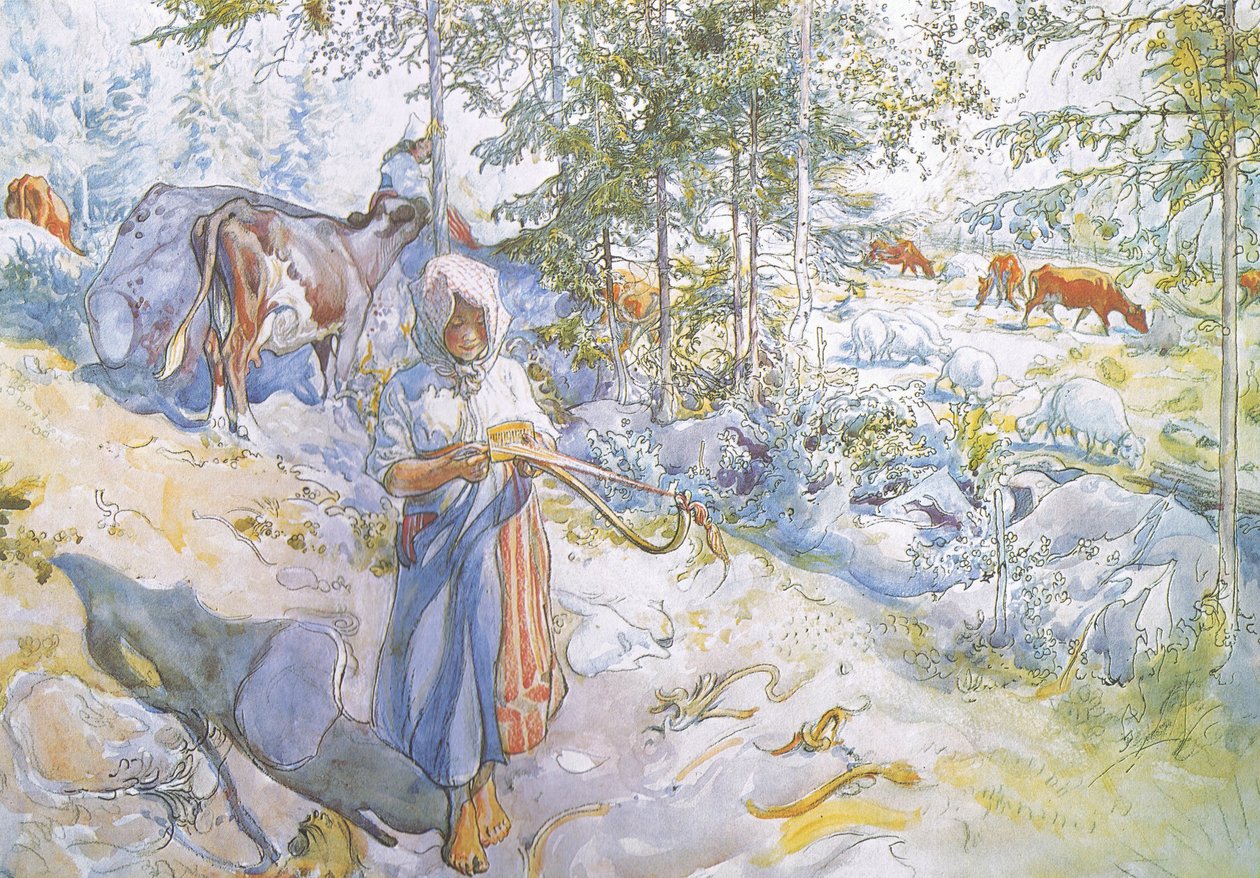 Til sidst kom lille Kertsi med en pilekvist for at drive køerne af Carl Larsson