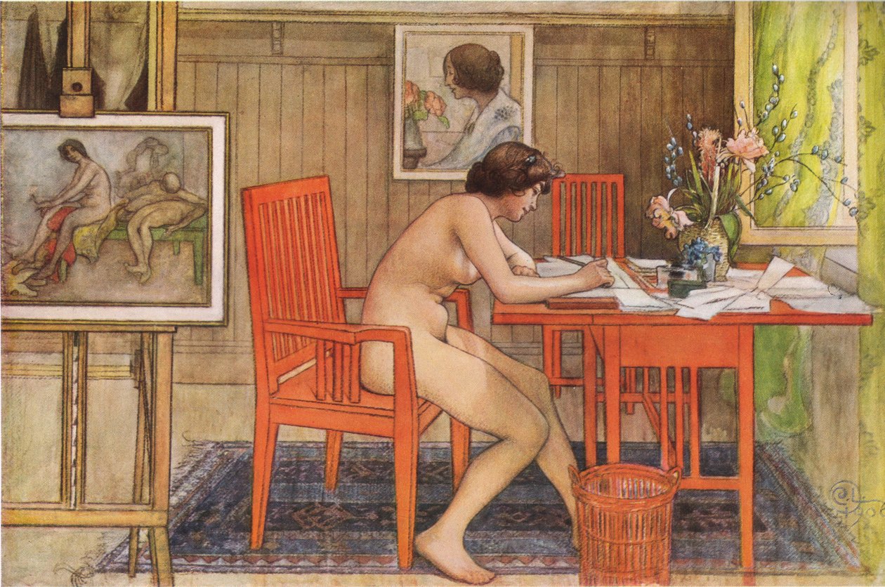 Model skriver postkort af Carl Larsson