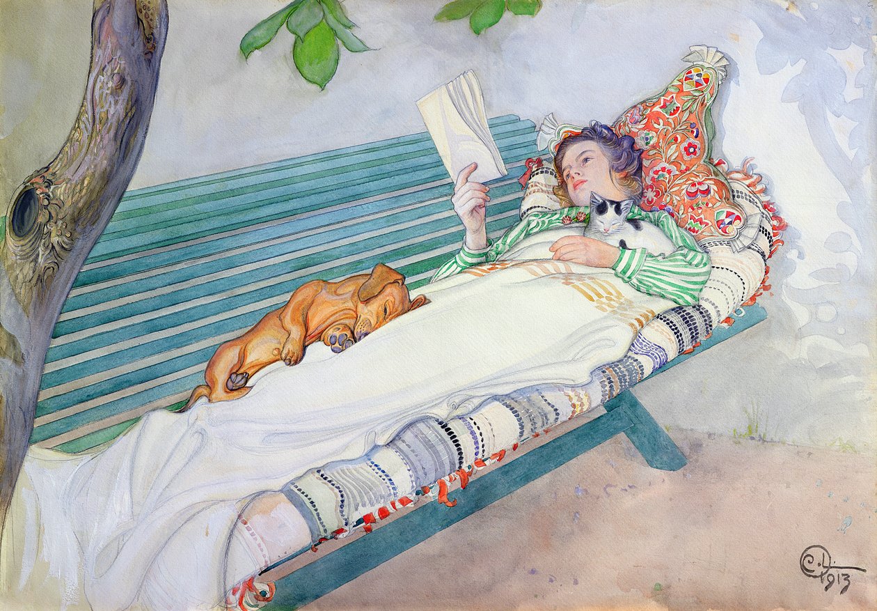 Kvinde liggende på en bænk, 1913 af Carl Larsson