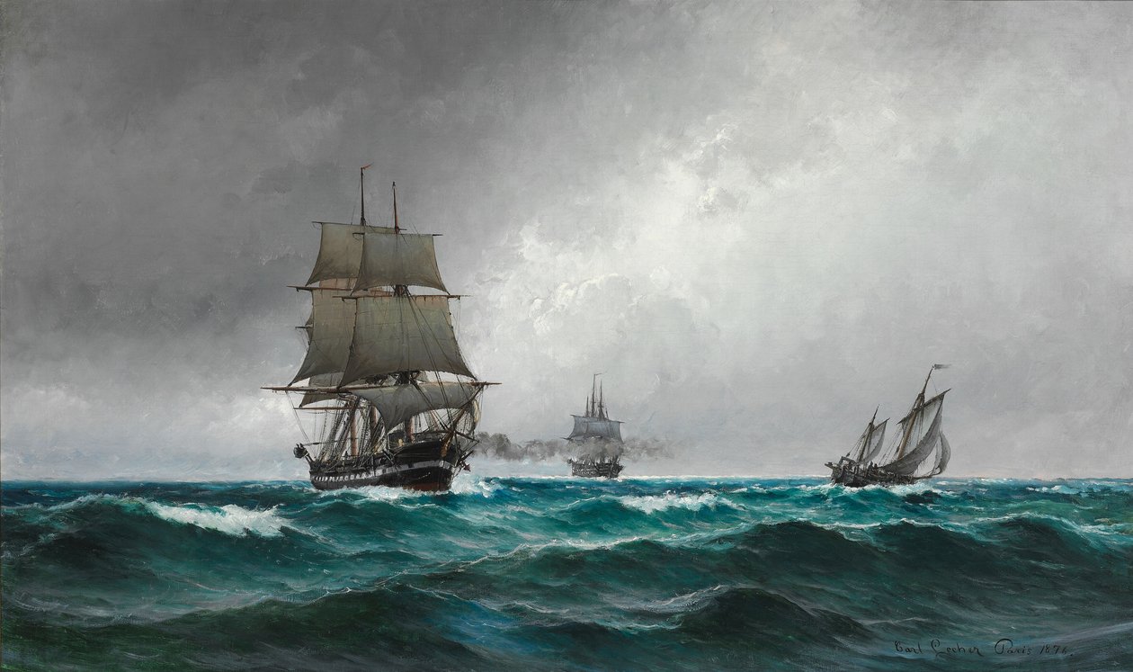Stille aften i Nordsøen med fregatten Jylland af Carl Ludvig Locher