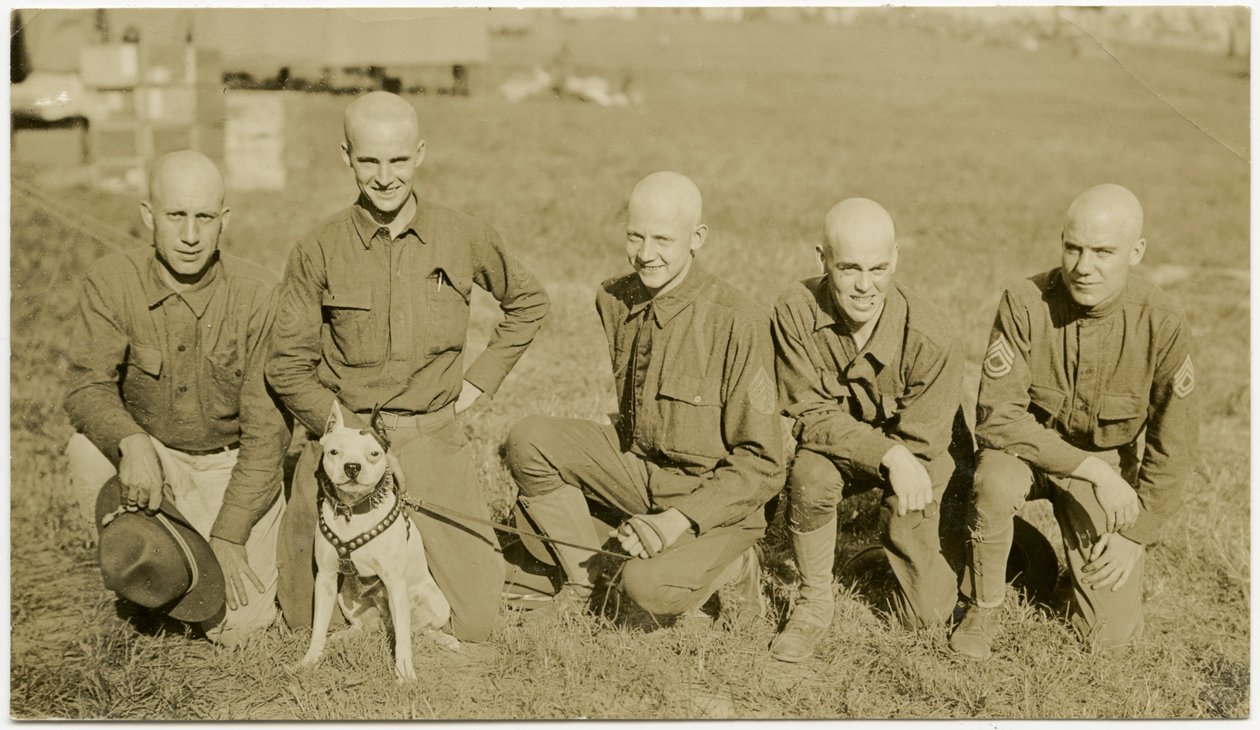 Fem soldater, der knæler i græs og poserer til billede med en hund i snor af Carl Michel