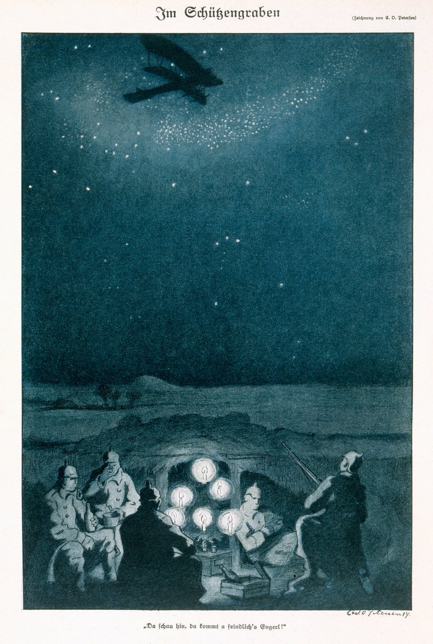I skyttegravene, illustration fra et tysk tidsskrift, Simplicissimus, ca. 1915 af Carl Olof Petersen