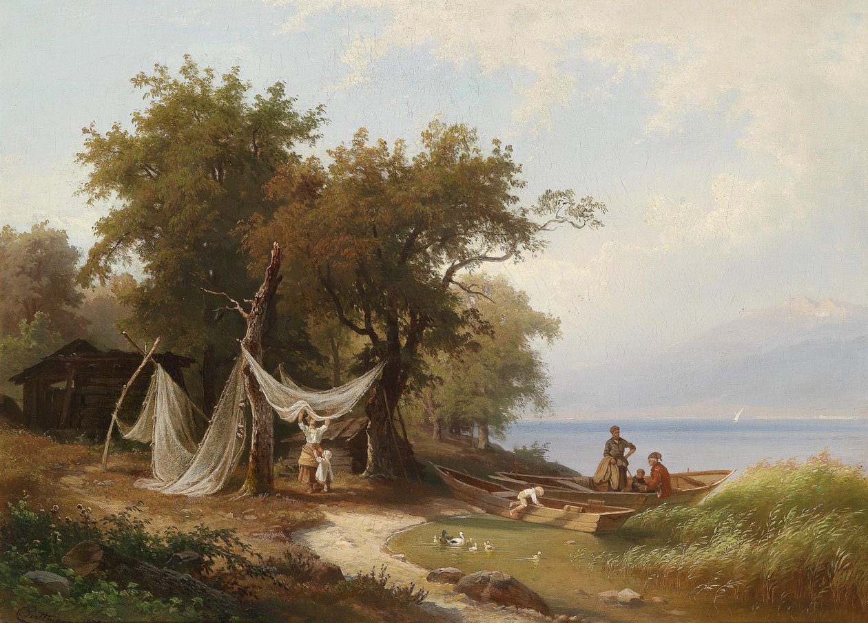 Fiskefamilie ved bredden af ​​Genevesøen af Carl Porttmann