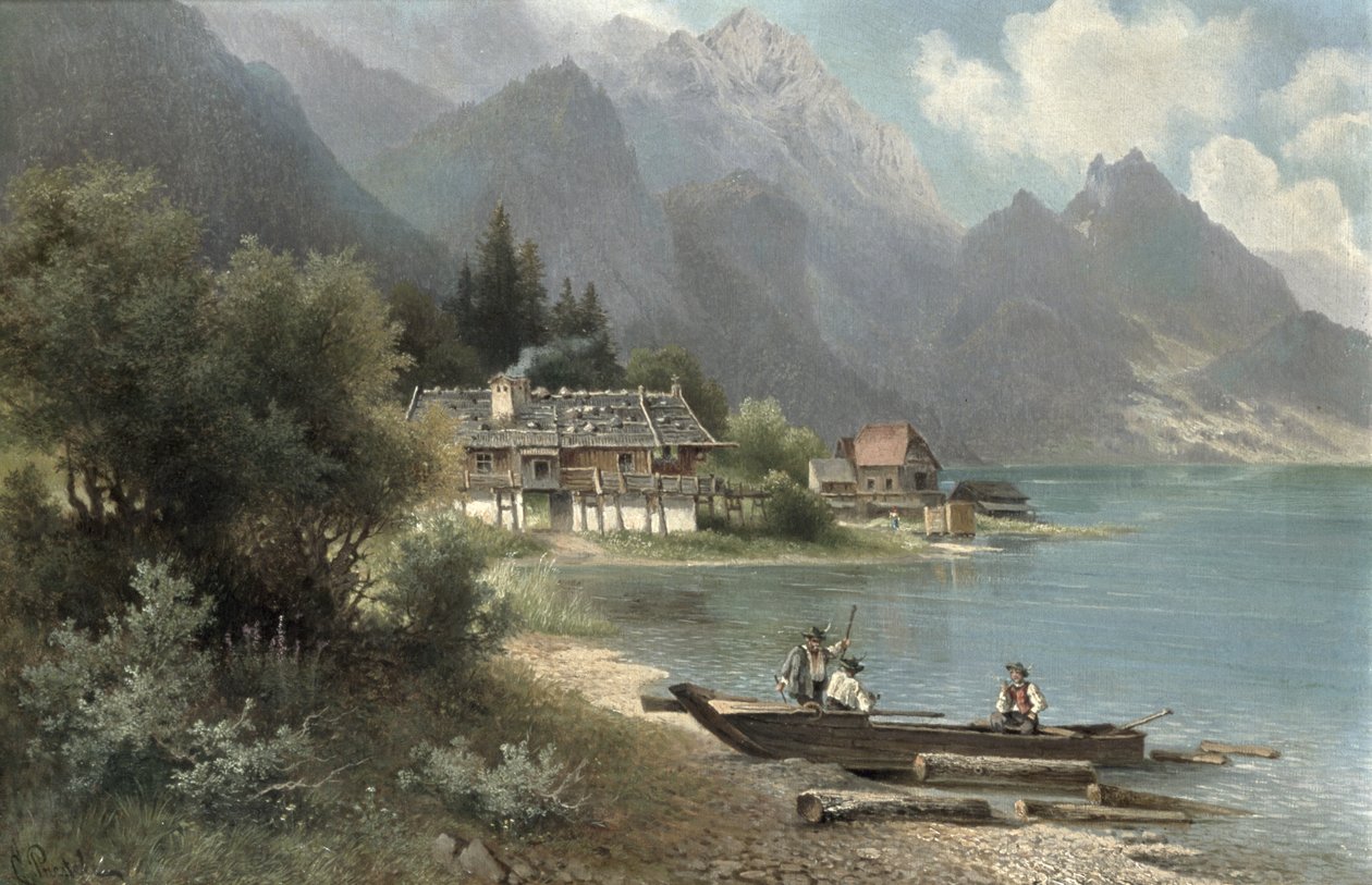 Landskab ved Kochelsee-søen, Bayern af Carl Prestel