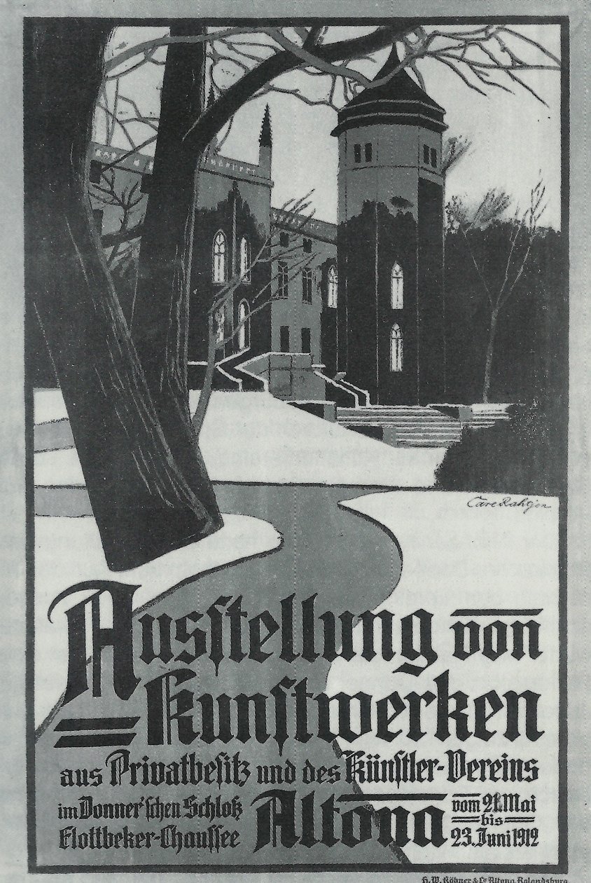 Sort / hvid illustration af en udstillingsplakat af Carl Rathjen