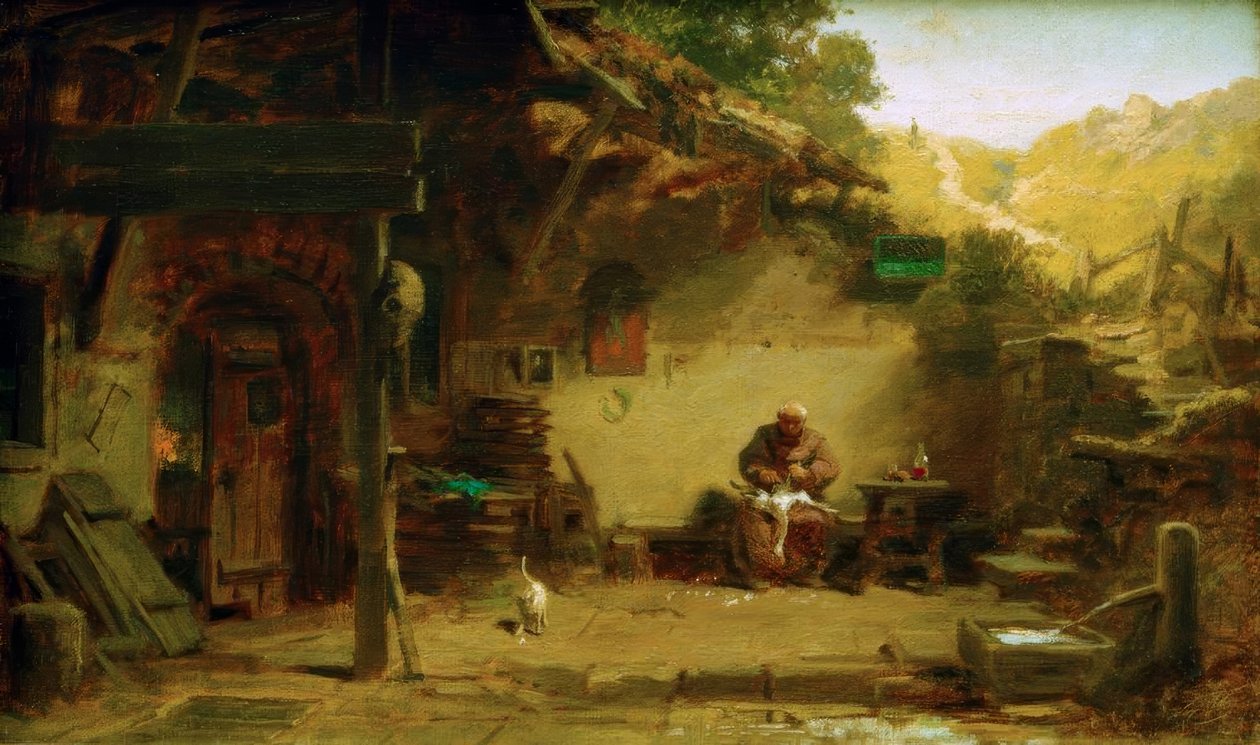 Gammel munk plukker en gås foran sin eremitage af Carl Spitzweg