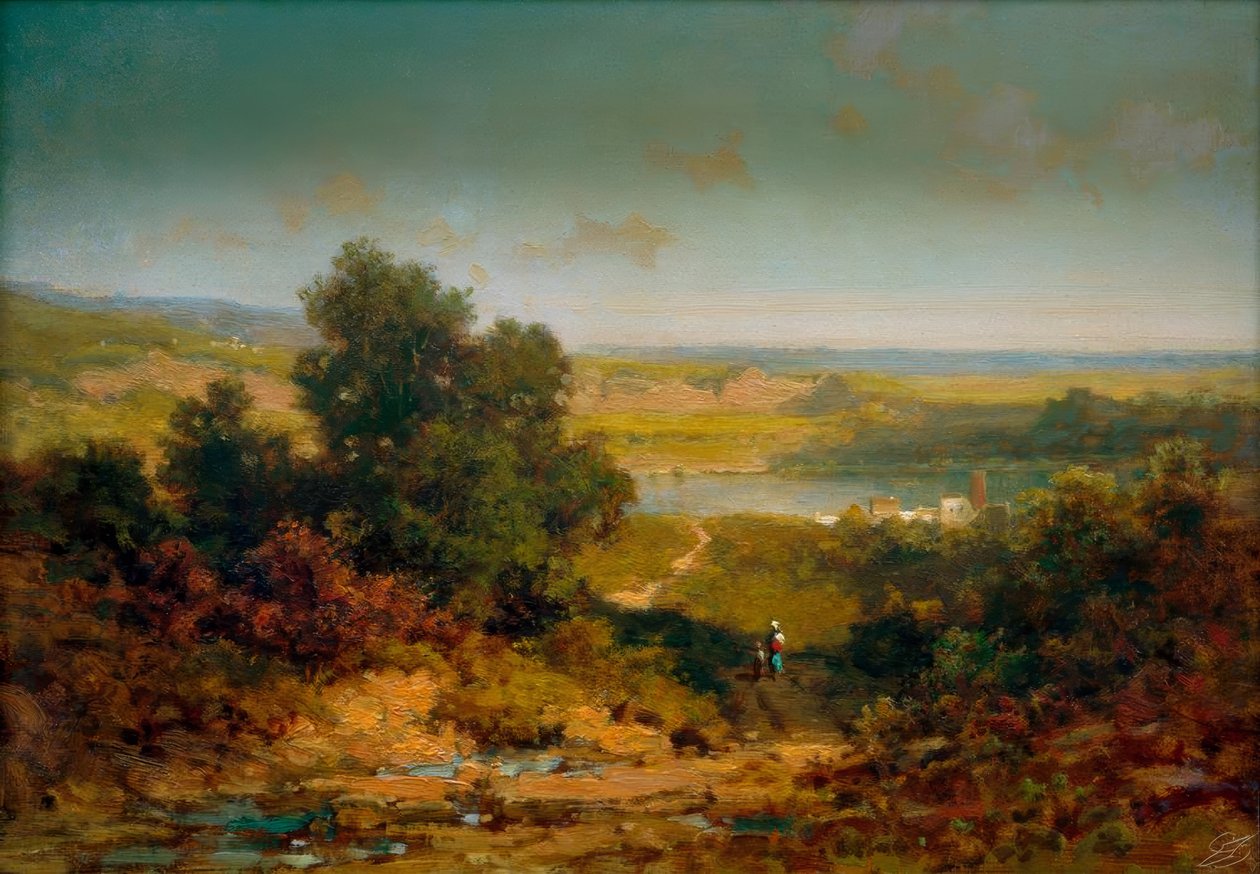 Landskab med en landsby og en flod af Carl Spitzweg