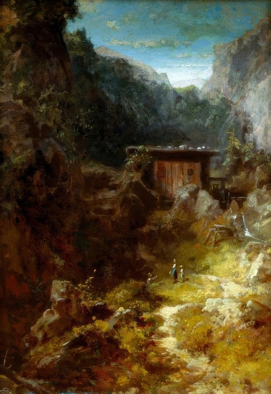 Mølle i bjergene med tre figurer af Carl Spitzweg