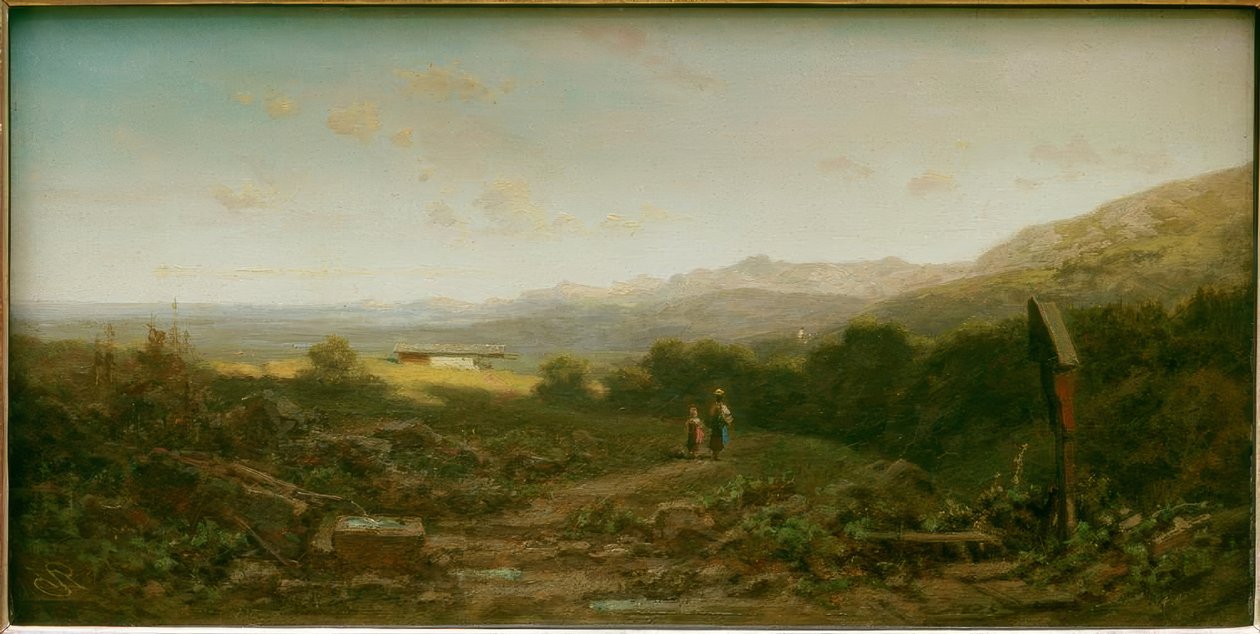 Mejeri pige med barn på alpine græsgange af Carl Spitzweg