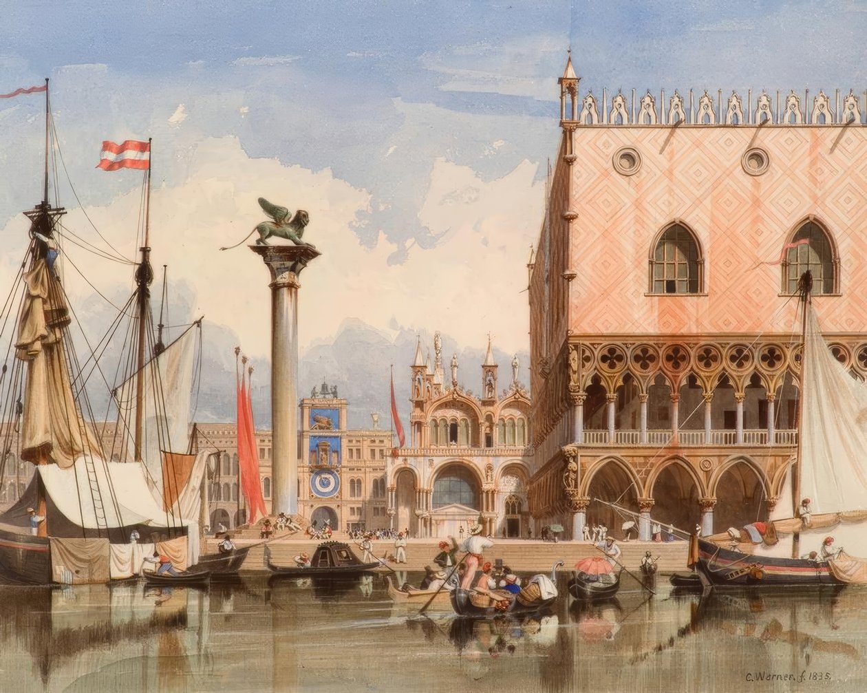 Venedig, sejlskibe foran Dogepaladset / akvarel v. Werner af Carl Friedrich Heinrich Werner