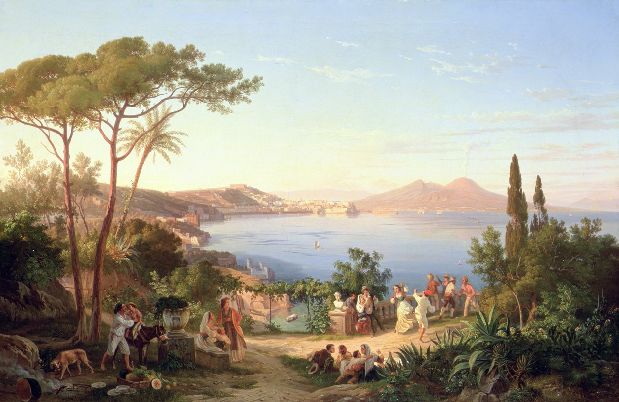 Napoli-bugten med dansende italienere, ca. 1850 af Carl Wilhelm Goetzloff