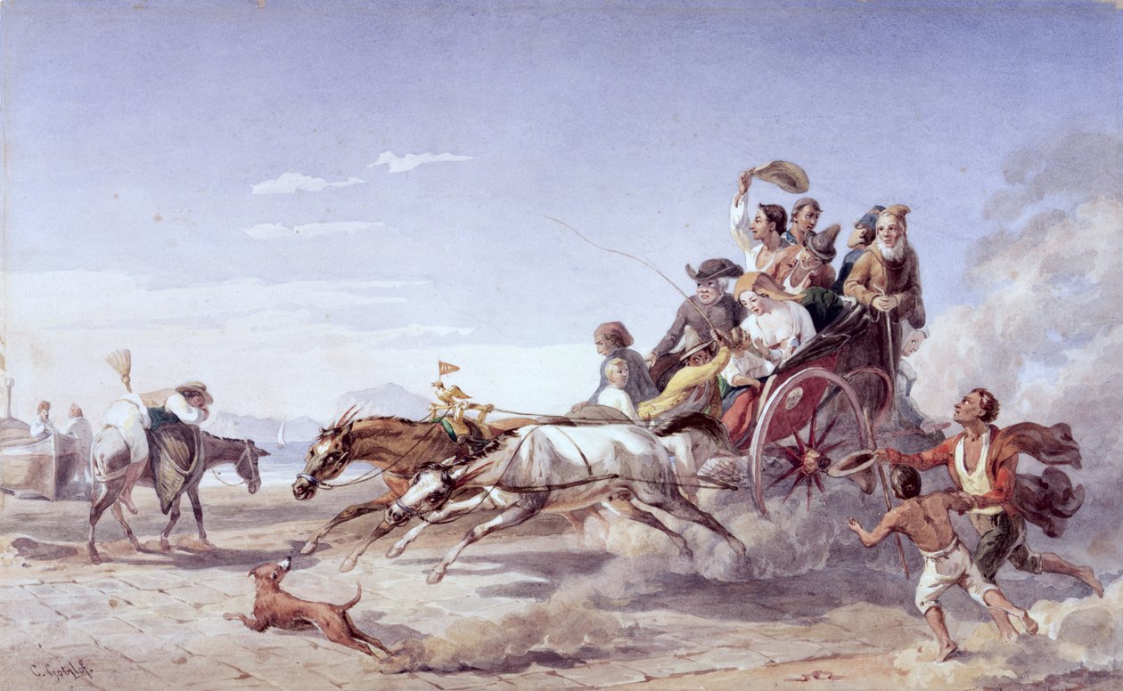 Hektisk neapolitansk barouche, 1828 (wc over blyant på pergament) af Carl Wilhelm Goetzloff