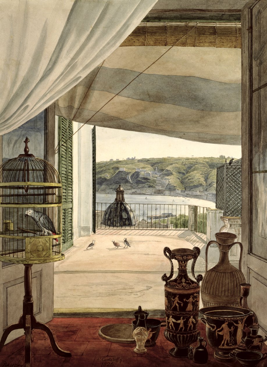 Udsigt fra et værelse med balkon over Napoli-bugten, 1826 af Carl Wilhelm Goetzloff