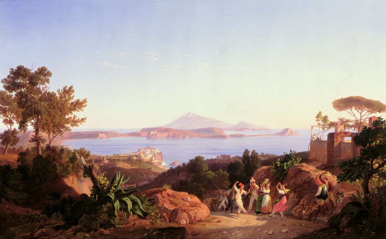 Udsigt over Pozzuoli-bugten med Solfatara-bjerget, ca. 1830 af Carl Wilhelm Goetzloff