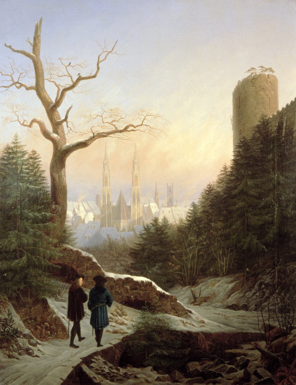 Vinterlandskab med gotisk kirke, 1821 af Carl Wilhelm Goetzloff