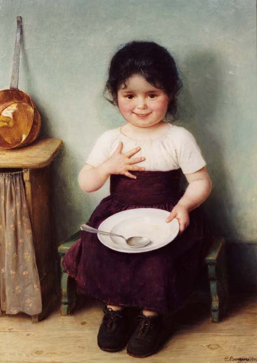 Siddende lille pige i et rustikt interiør Espanol: Nina en la cocina 1904, obra de Carl von Bergenn Francais: Petite fille a la cuilleren af Carl von Bergen