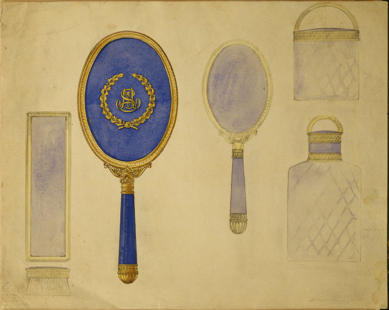 Udvalg af designs, House of Carl Faberge (blyant, pen & blæk og akvarel på kort) af Carl Fabergé