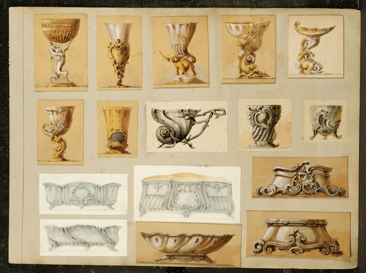 Udvalg af designs, House of Carl Faberge (blyant og akvarel forhøjet med hvid og guld på kort) af Carl Fabergé