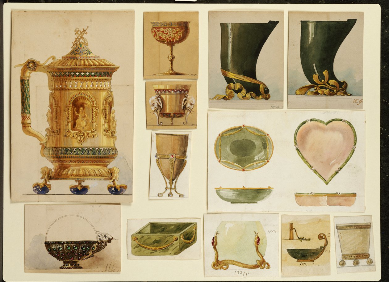 Udvalg af designs, House of Carl Faberge (blyant og akvarel forhøjet med hvid og guld på kort) af Carl Fabergé