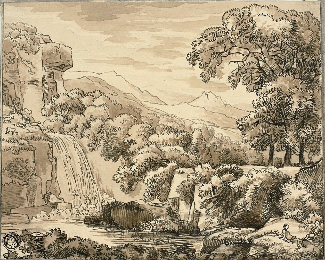 Bjerglandskab med vandfald og figurer af Carl August Lebschee