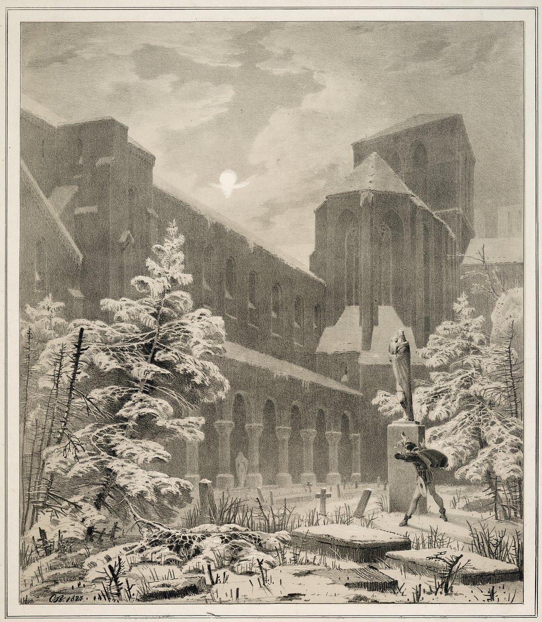 Kirke og kirkegård i sneen ved måneskin af Carl Blechen