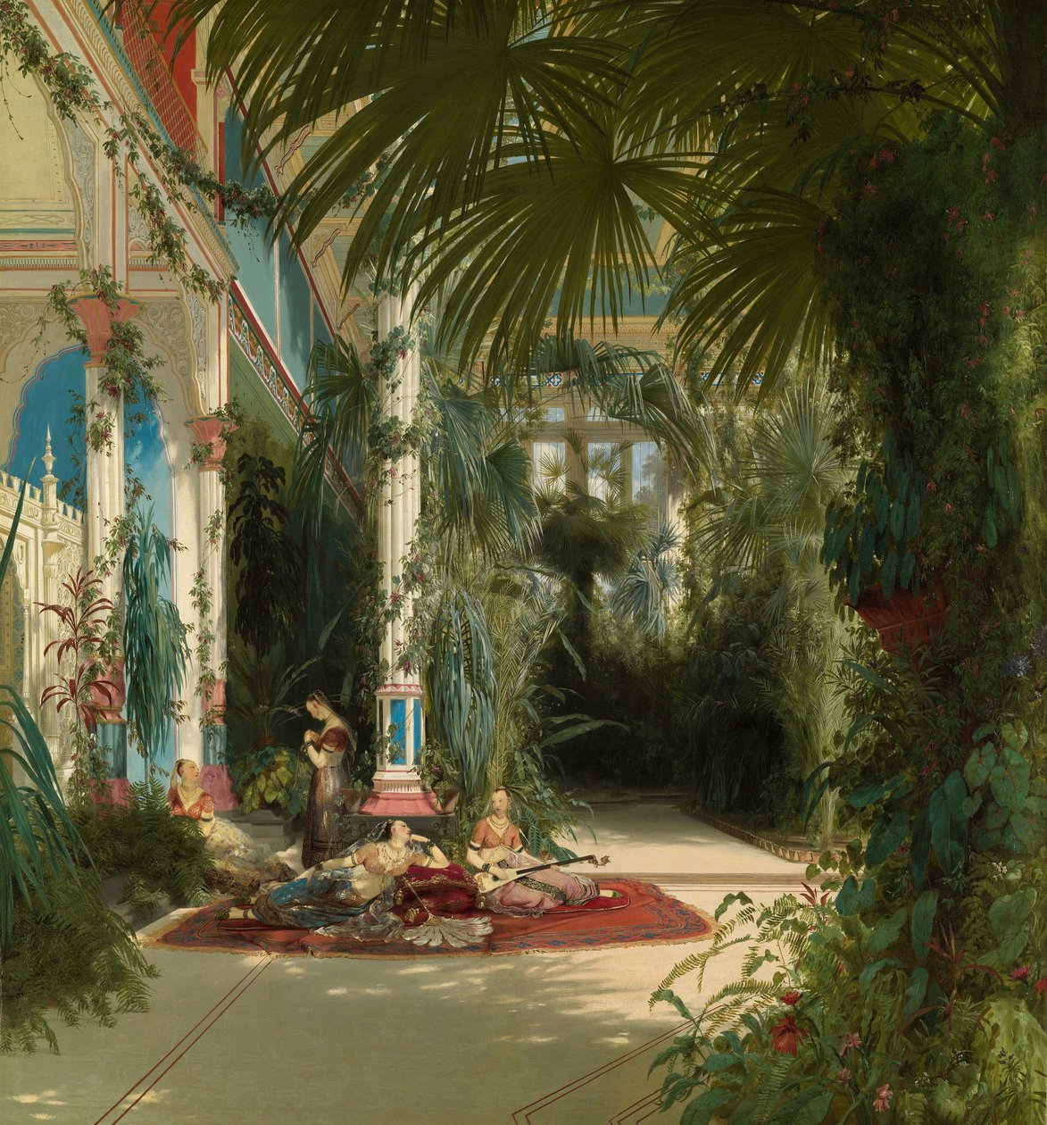 Tysk: Das Innere des Palmenhauses auf der Pfaueninsel bei Potsdam Det indre af palmehuset på Pfaueninsel nær Potsdam af Carl Blechen