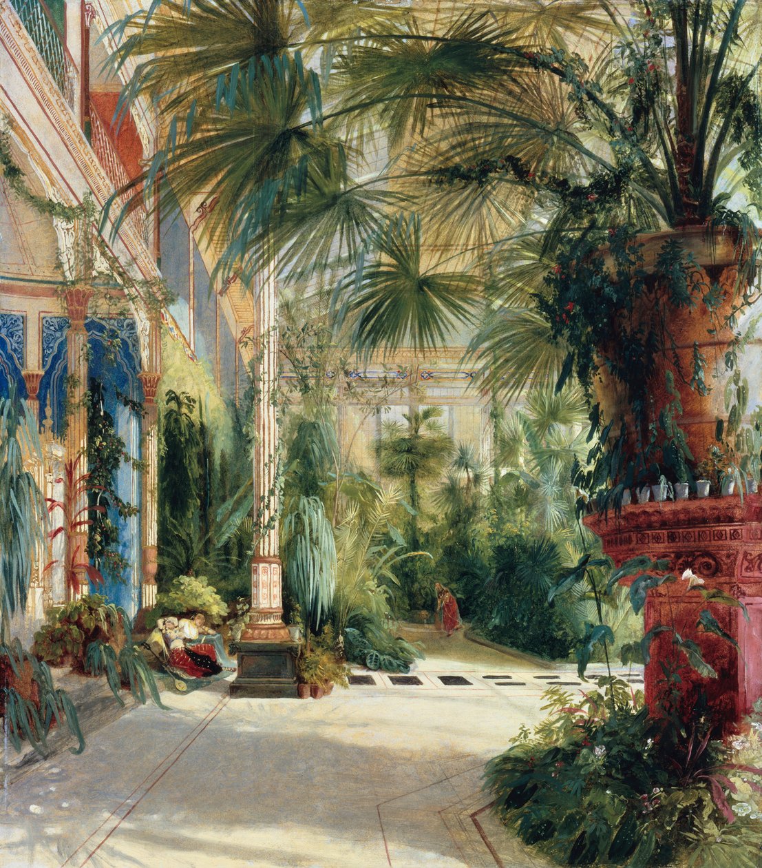 Tysk: Das Innere des Palmenhaus auf der Pfaueninsel Det indre af palmehuset af Carl Blechen