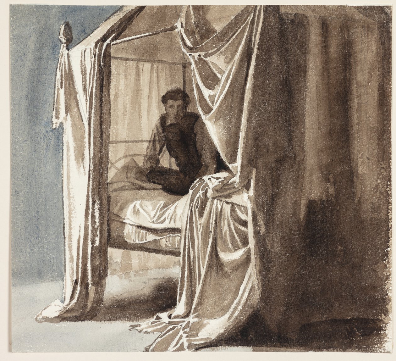 En seng med omhæng. Studie til billedet "Niels Ebbesen og Grev Gert" udstillet 1868 af Carl Bloch