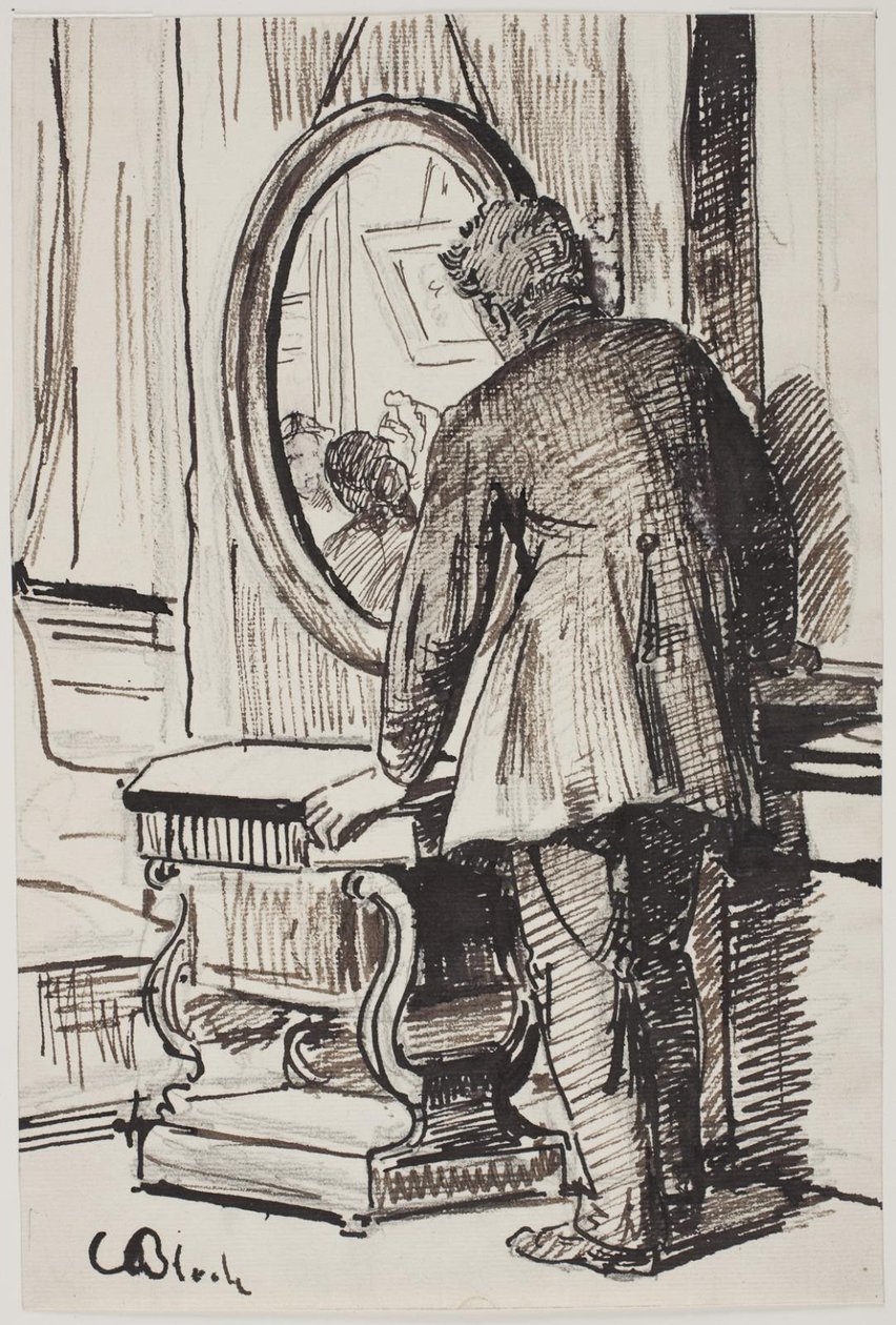 En ung mand betragter tre kvinder i et spejl af Carl Bloch