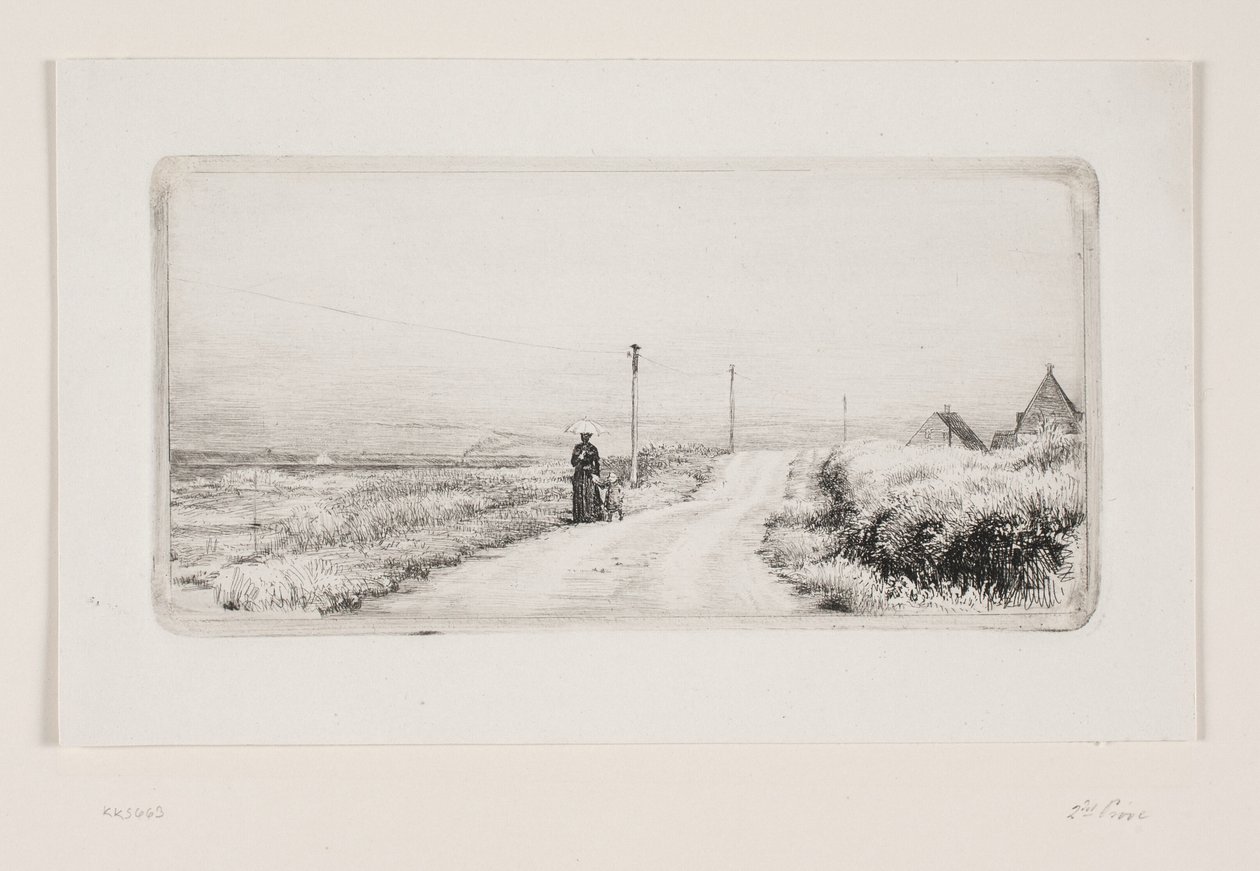 Landevej med spadserende dame. Solskinseftermiddag af Carl Bloch