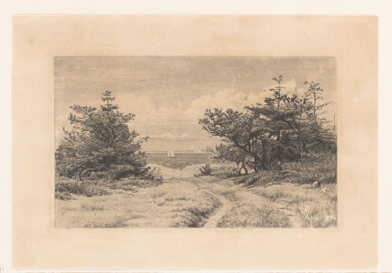 Landevej med buske langs en sø af Carl Bloch