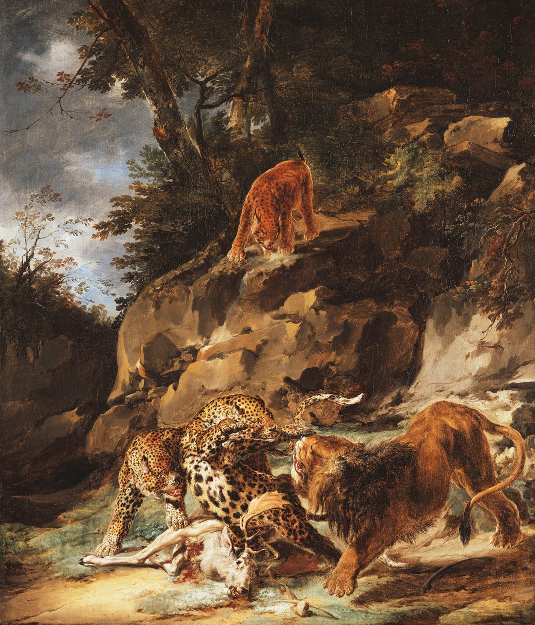 En løve driver et par leoparder af en død kronhjort, af Carl Borromaus Andreas Ruthart