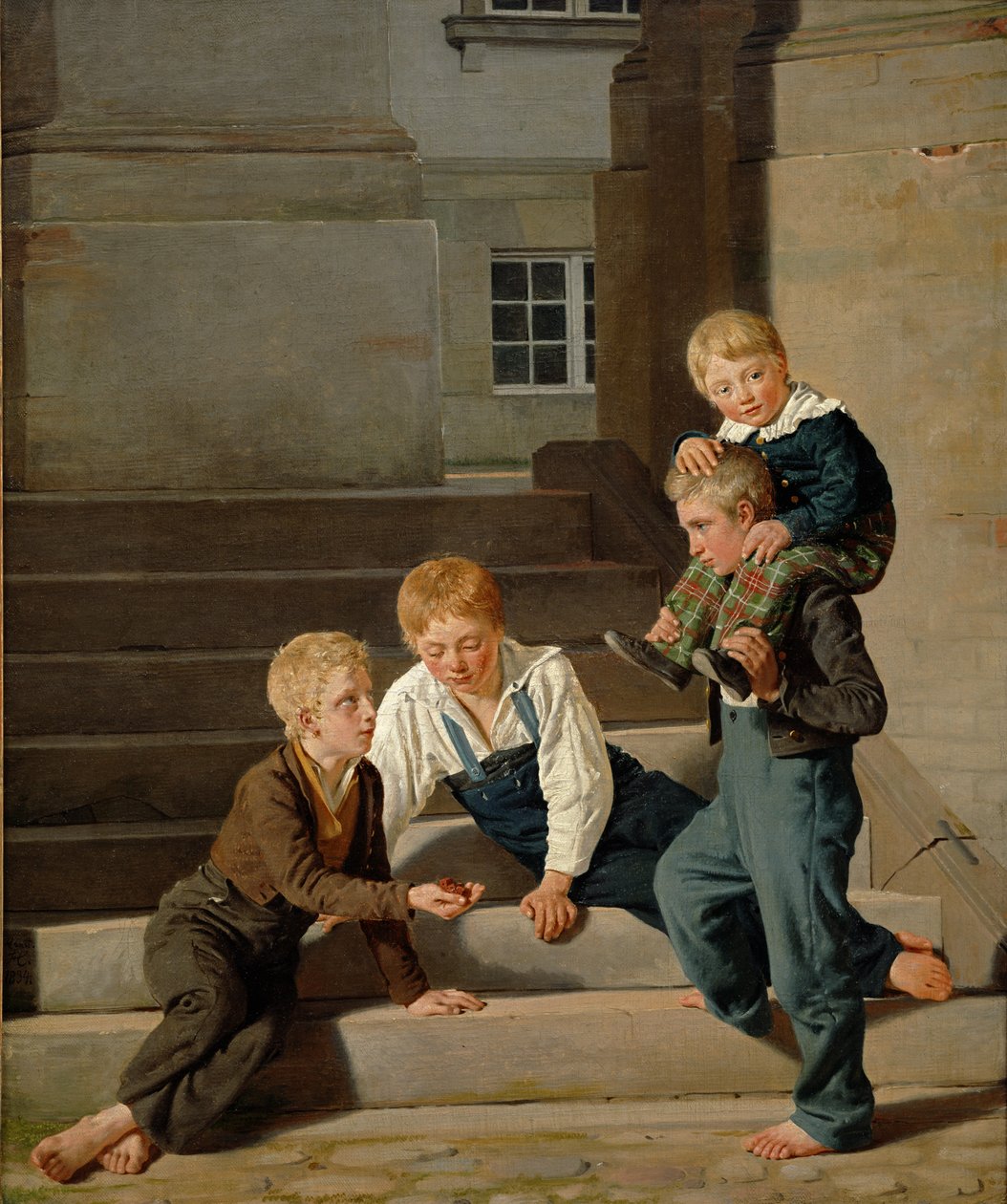 Unge drenge spiller terninger foran Christiansborg Slot, København, 1834 af Carl Christian Constantin Hansen