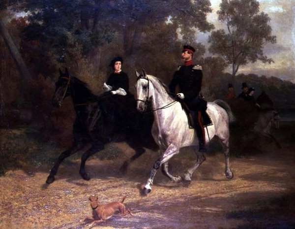 En dame og en officer, muligvis kronprins og prinsesse af Preussen, rider i en park af Carl Constantin Steffeck