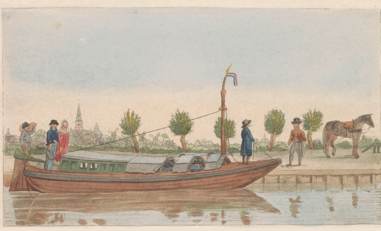 Slæbepram, 1824 En hollandsche trek eller Jaagschuit / Une barque de tracte, servante au transport de voyageurs et marchandises en hollande (titel på objektet) af Carl Cristiaan Fuchs