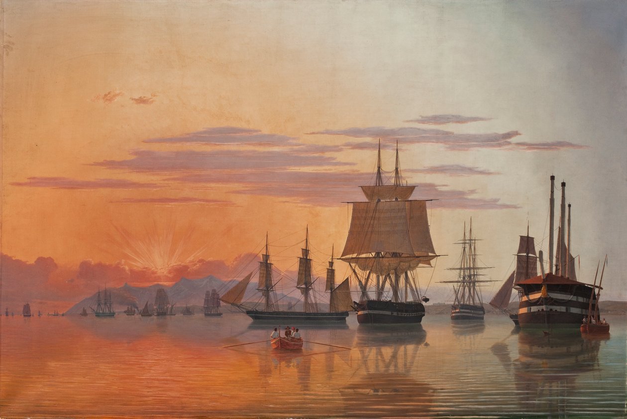 Fregatten Thetis og korvetten Flora ved floden Tejo, 1844. af Carl Dahl