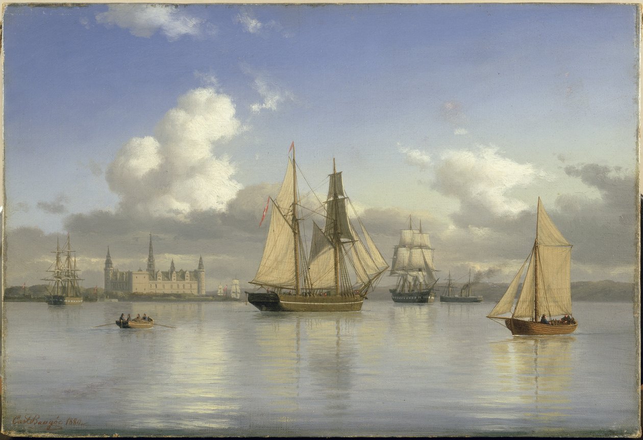 Sejlfartøjer ud for Kronborg Slot, Sverige, 1880 olie på lærred af Carl Emil Baagoe