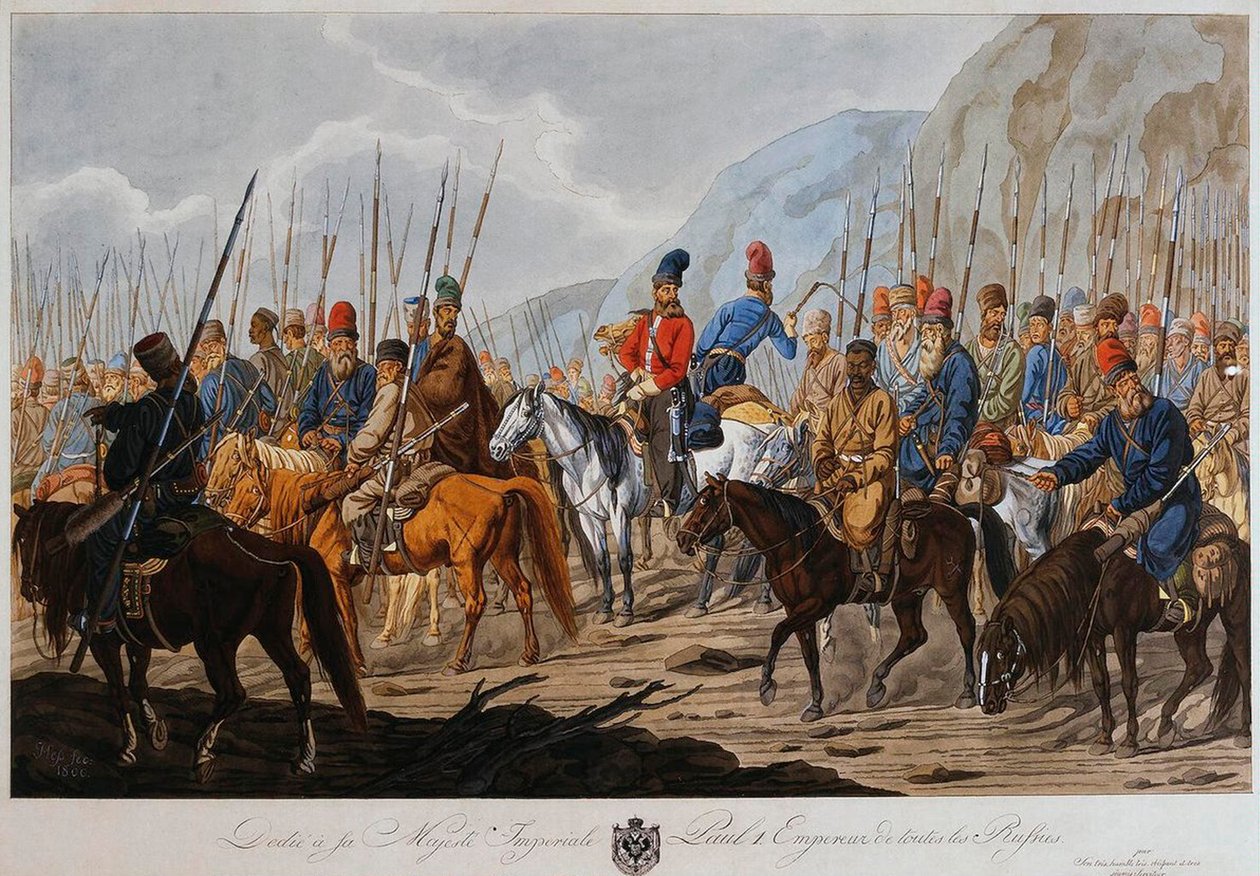 Russiske kosakker i marts, c1800. af Carl Ernst Christoph Hess