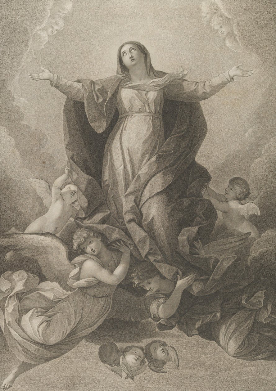 Jomfruens antagelse, der rejser sig med udstrakte arme, engle, der støtter hende fra..., 1792. af Carl Ernst Christoph Hess