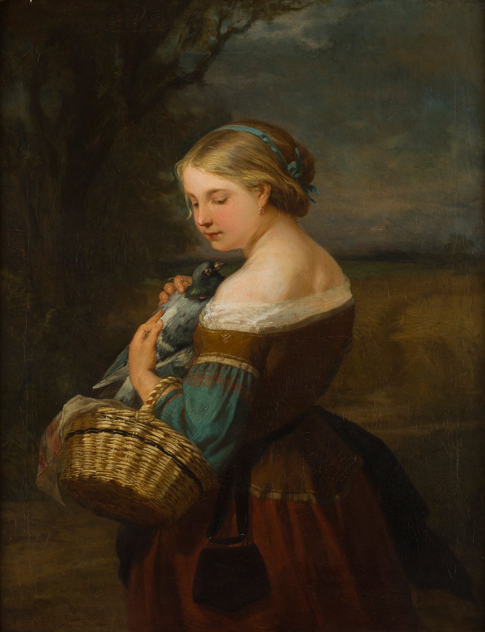 Portræt af en bondepige med en due (olie på lærred) af Carl Ernst Ludwig Wagner