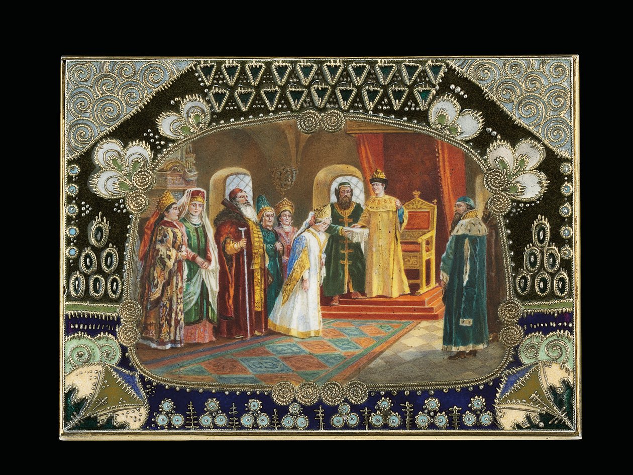 Detail of the painted cartouche from a table box, depicting Tsar Alexei Mikhailovich choosing a bride, c.1908-1917dani af Carl Fabergé
