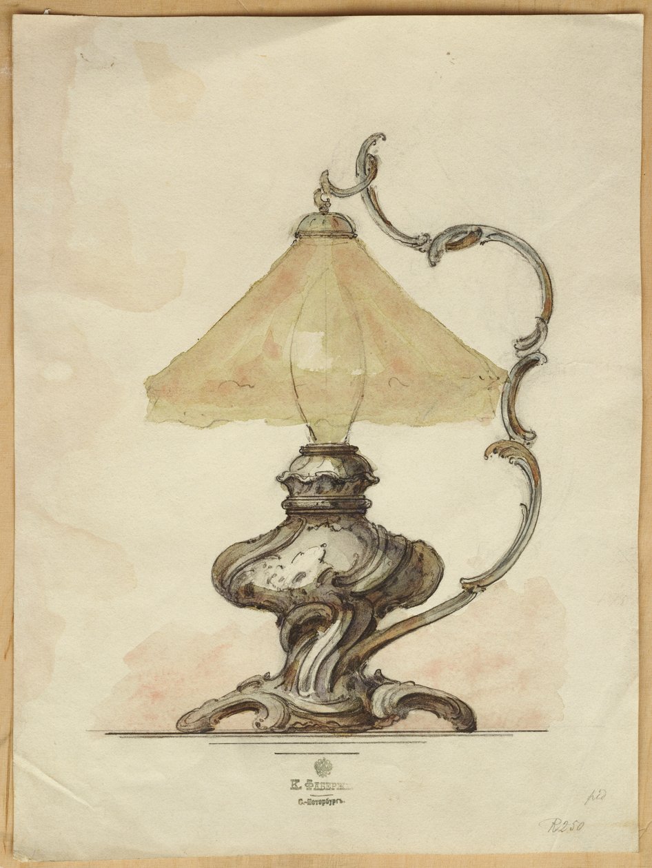 Tegning af en sølvbordslampe med en snoet riflet krop i rokokostil, House of Carl Faberge af Carl Fabergé