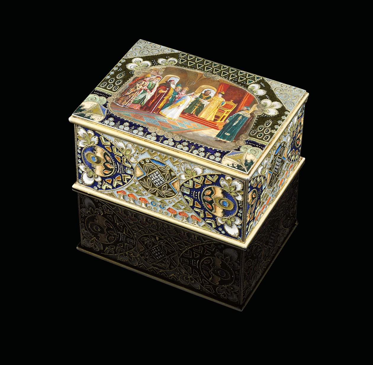 En bordkasse med malet kartouche, der forestiller zar Alexei Mikhailovich, der vælger en brud, ca. 1908-1917 af Carl Fabergé