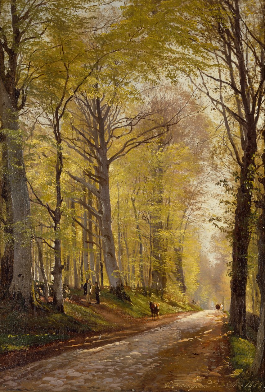En skovsti med hyrder og kvæg (olie på lærred) af Carl Frederick Aagaard