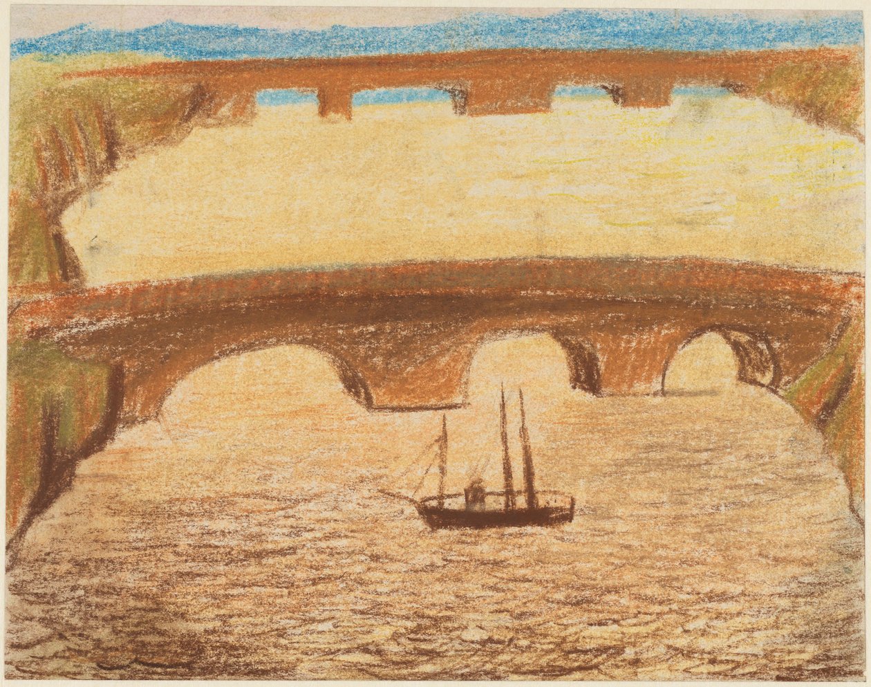 Lange Steinbrücken über Fluss mit einem Schiff af Carl Fredrik Hill